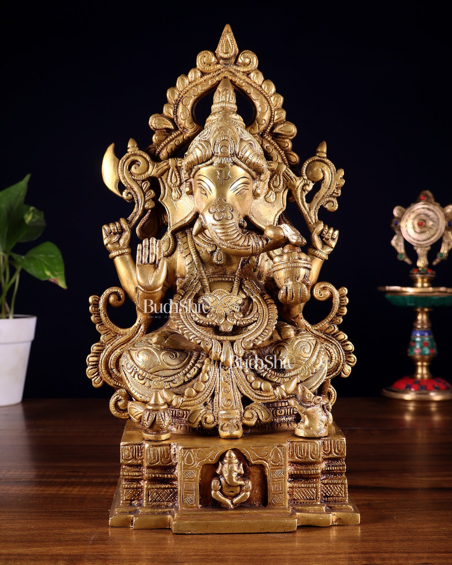 Majestic Brass Lord Ganesha Statue - 12 Inch - Sama Homes Idol - Brass Sculpture