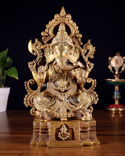 Majestic Brass Lord Ganesha Statue - 12 Inch - Sama Homes Idol - Brass Sculpture