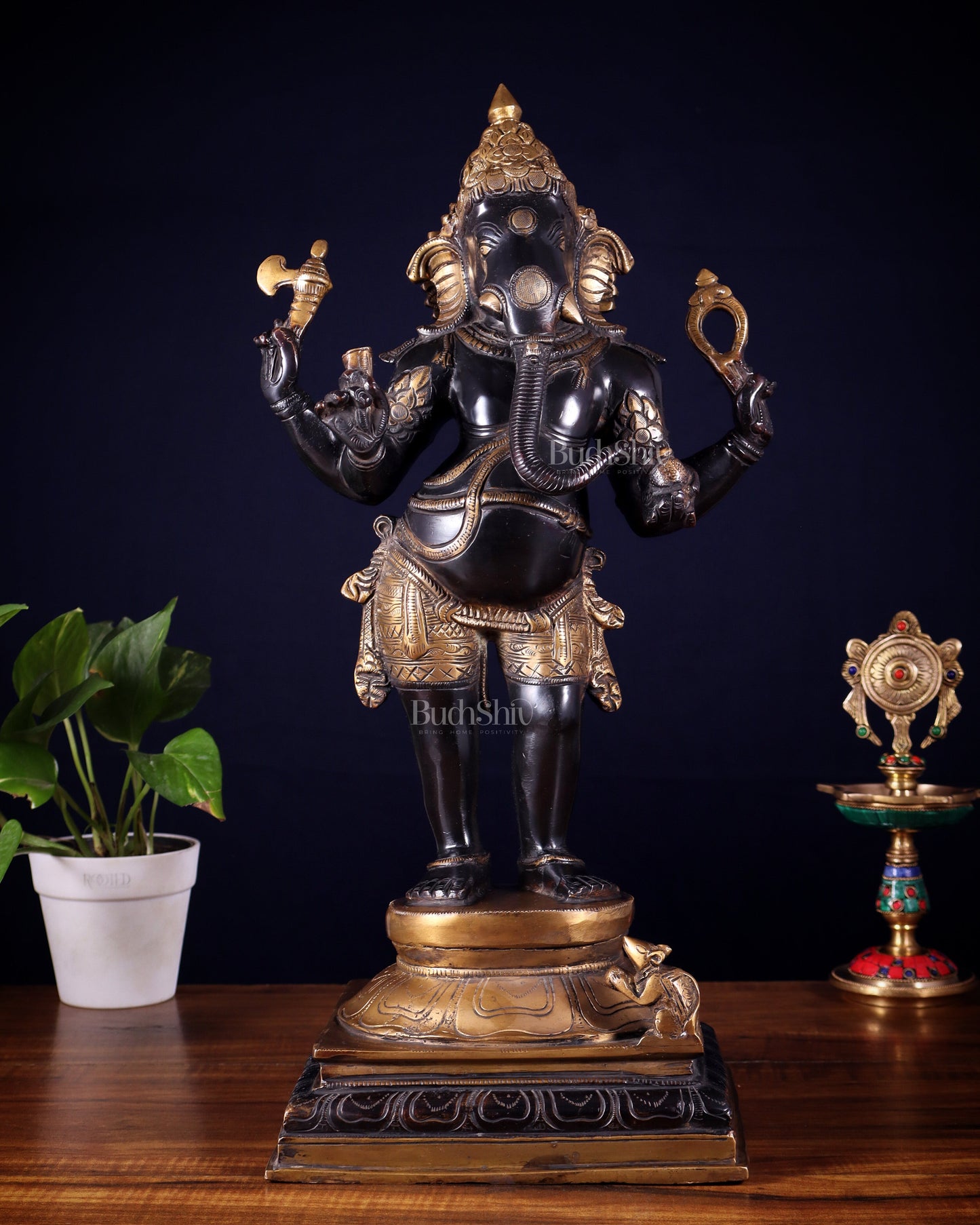 Brass Lord Ganesha Statue standing - 20 Inch black edition | 100% Certified Copper & Brass - Sama Homes Idol - Brass Sculpture