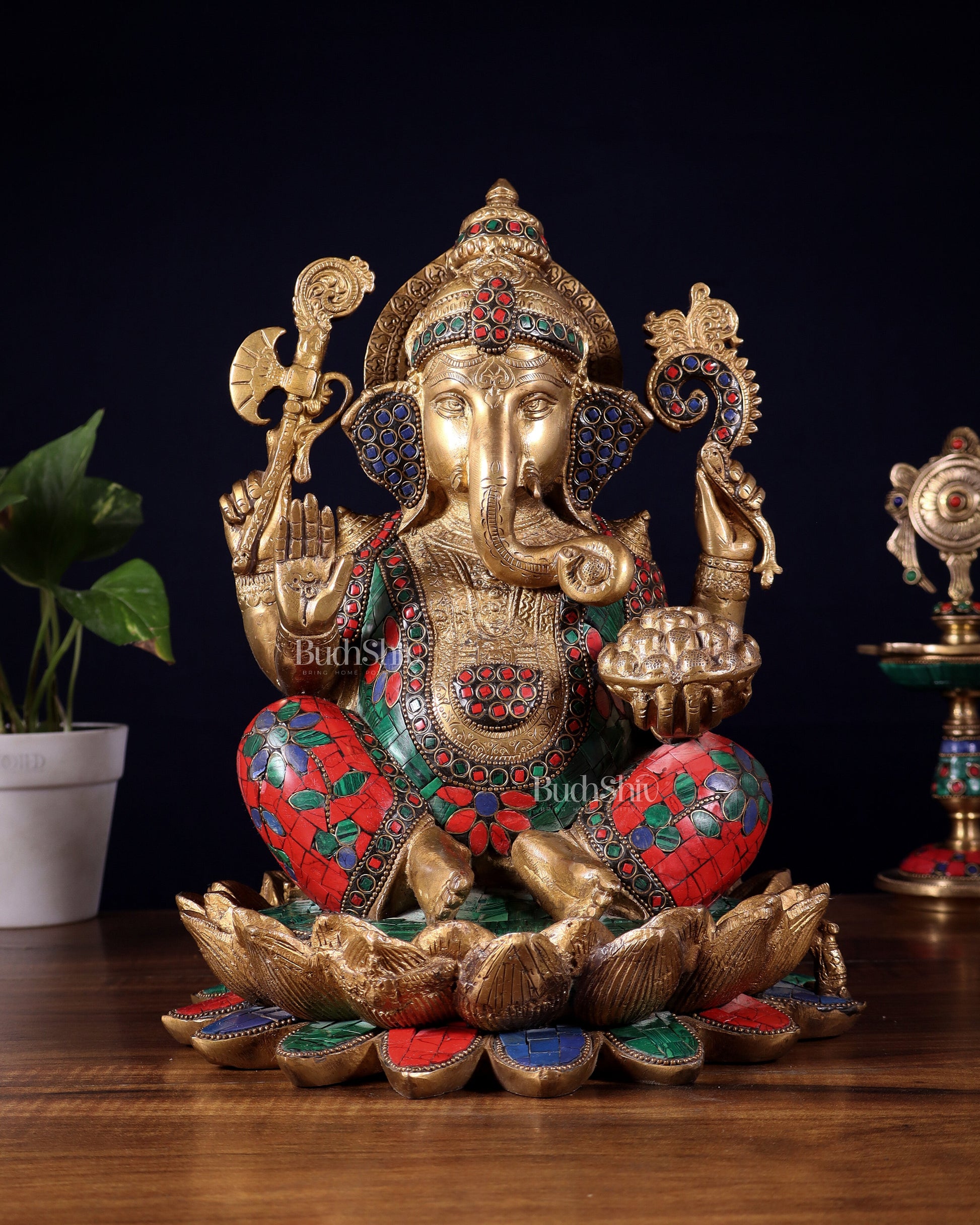 Pure Brass Ganesha Idol Seated on Lotus base  | 12" - Sama Homes Idol - Brass Sculpture - Eco-friendly - Sama Homes