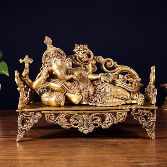 Pure Brass Resting Ganesha Statue 14" - Sama Homes Idol - Brass Sculpture