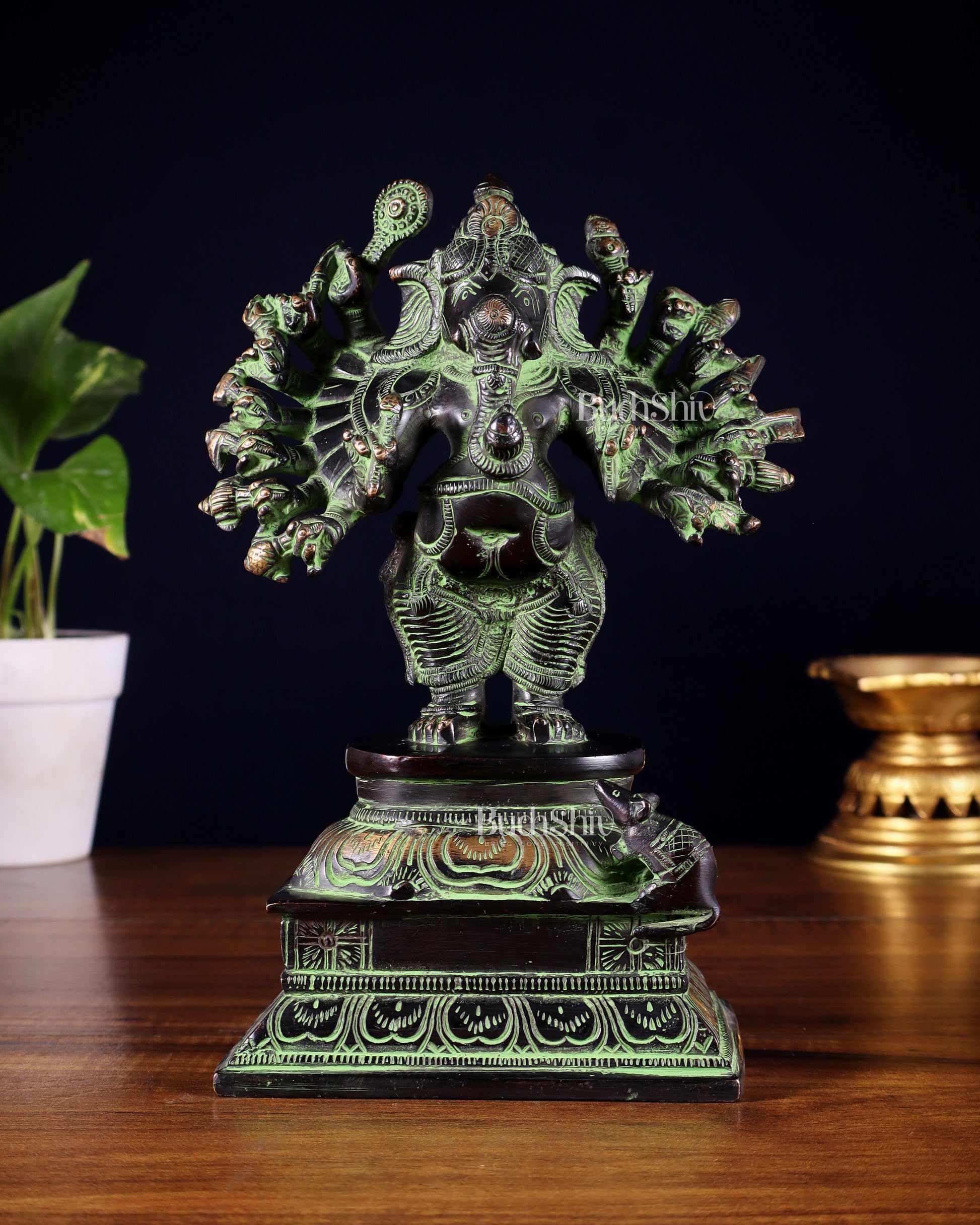 Brass Standing Lord Ganesha Idol with 16 Arms - 8.5 Inch black and green | 100% Certified Copper & Brass - Sama Homes Idol - Brass Sculpture - Eco-friendly - Sama Homes