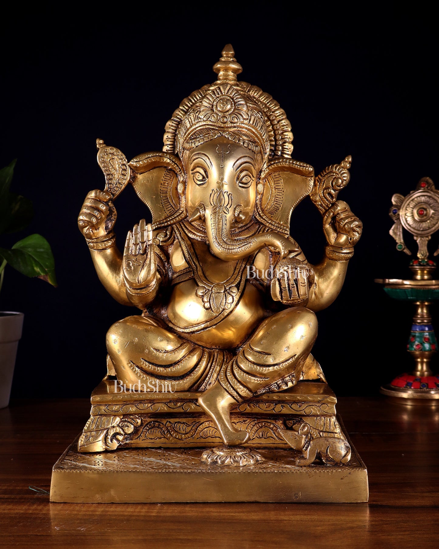Pure Brass Lord Ganesha Statue – Enhanced Carvings (12 Inch) - Sama Homes Idol - Brass Sculpture