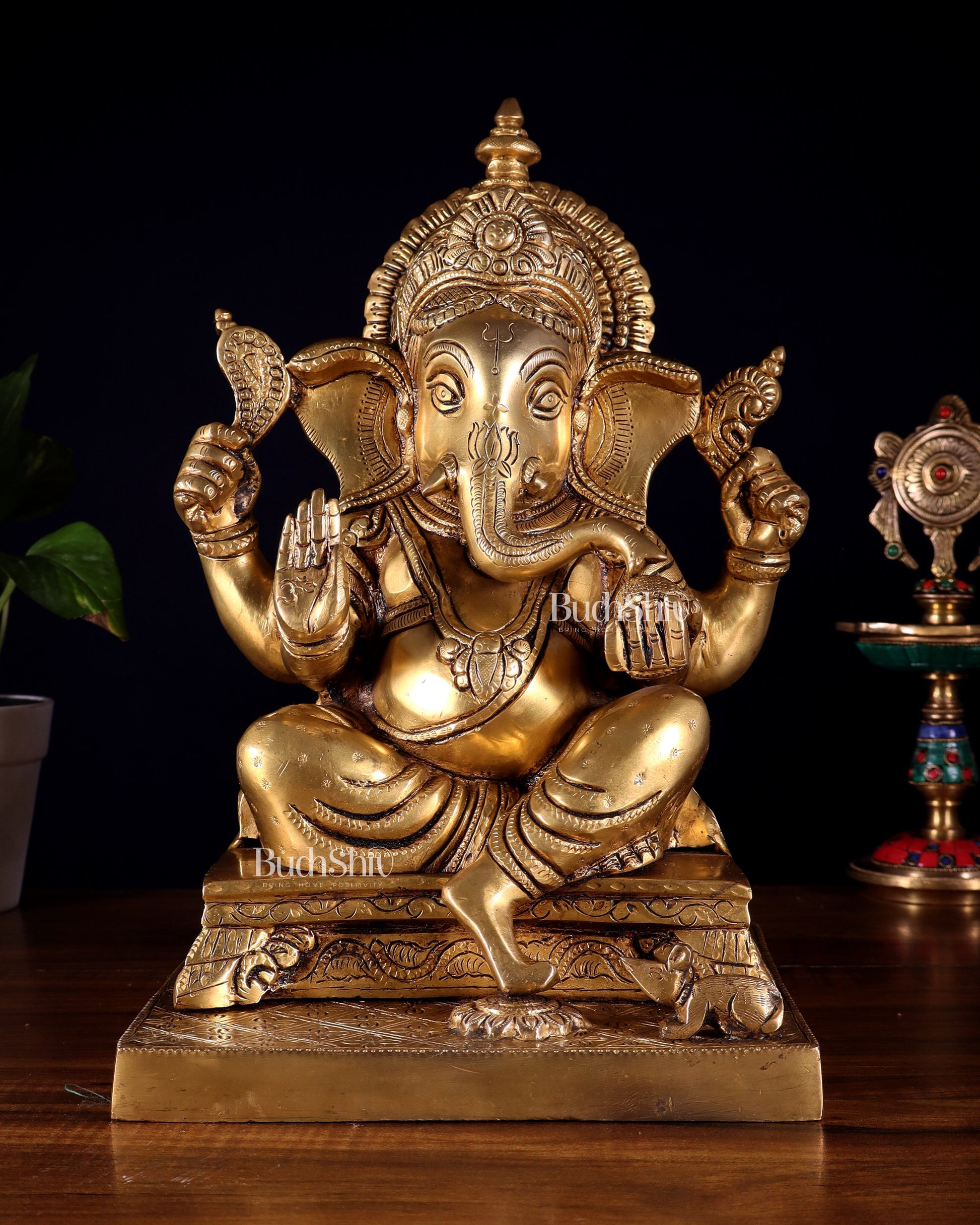 Pure Brass Lord Ganesha Statue – Enhanced Carvings (12 Inch) - Sama Homes Idol - Brass Sculpture - Eco-friendly - Sama Homes