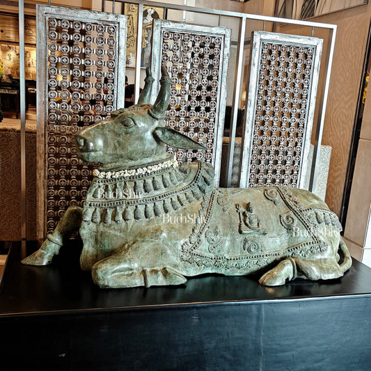 Brass Nandi Statue with Lord Shiva Carvings – Green patina 82" | 100% Certified Copper & Brass - Sama Homes Idol - Brass Sculpture