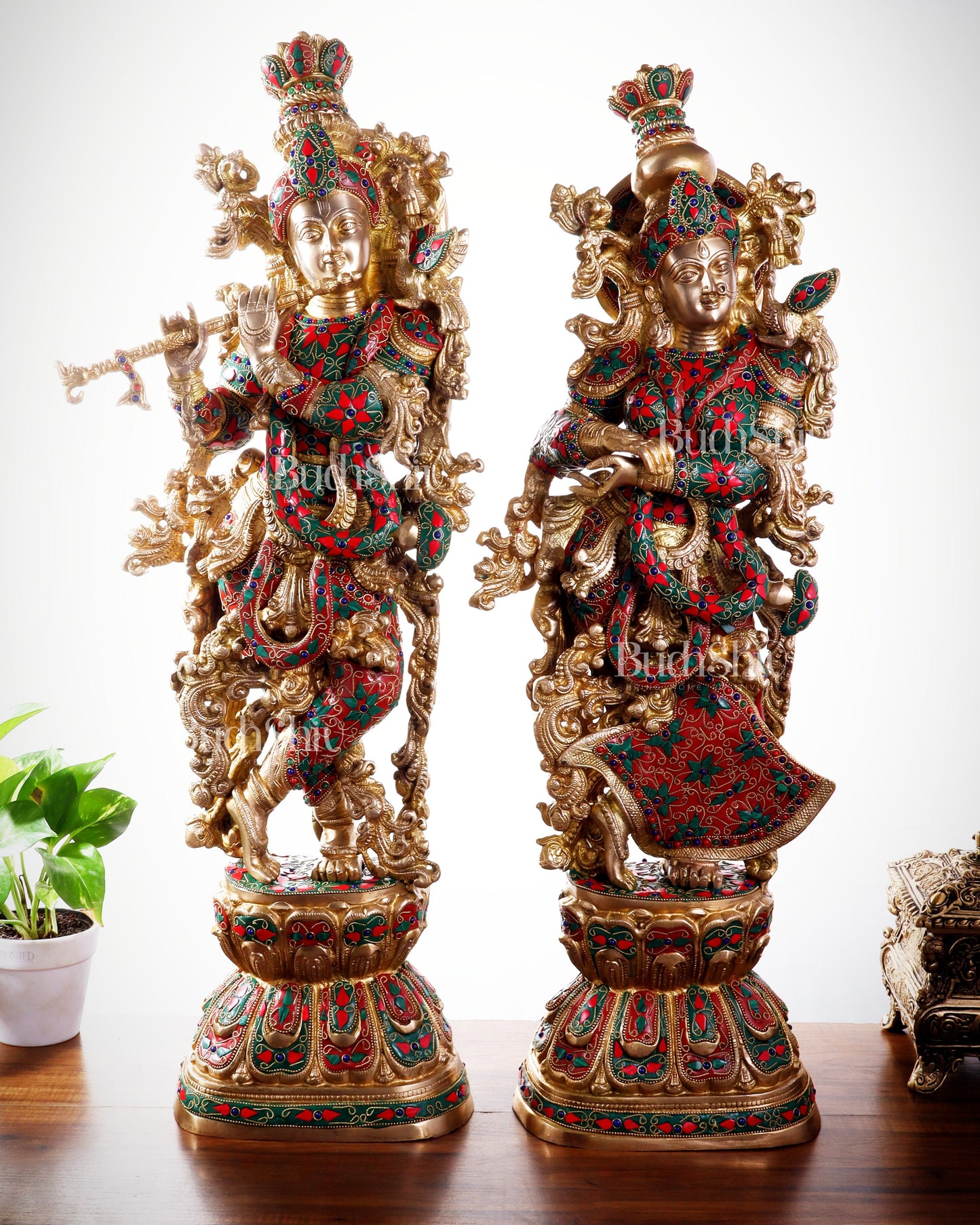Pure Brass Radha Krishna Statue | 30" Floral stonework - Sama Homes Idol - Brass Sculpture
