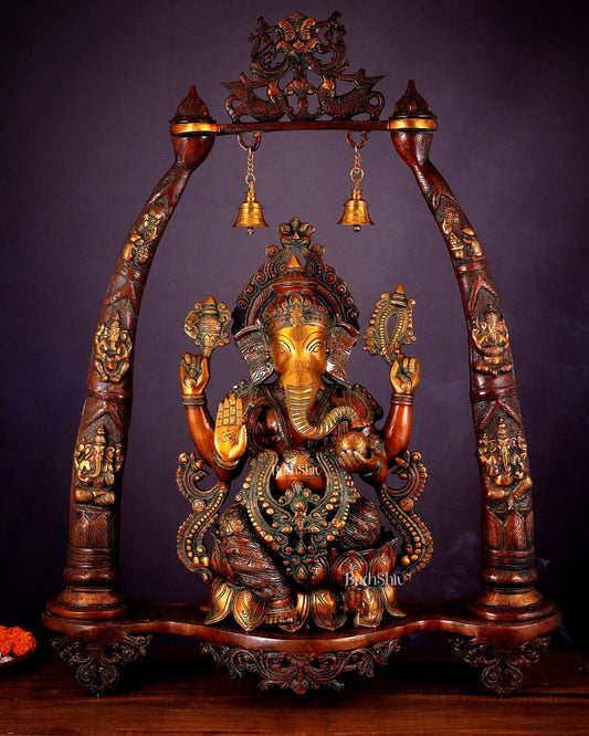 Brass Lord Ganesha Sculpture with Engraved temple Pillars - 35 Inch | 100% Certified Copper & Brass - Sama Homes Idol - Brass Sculpture