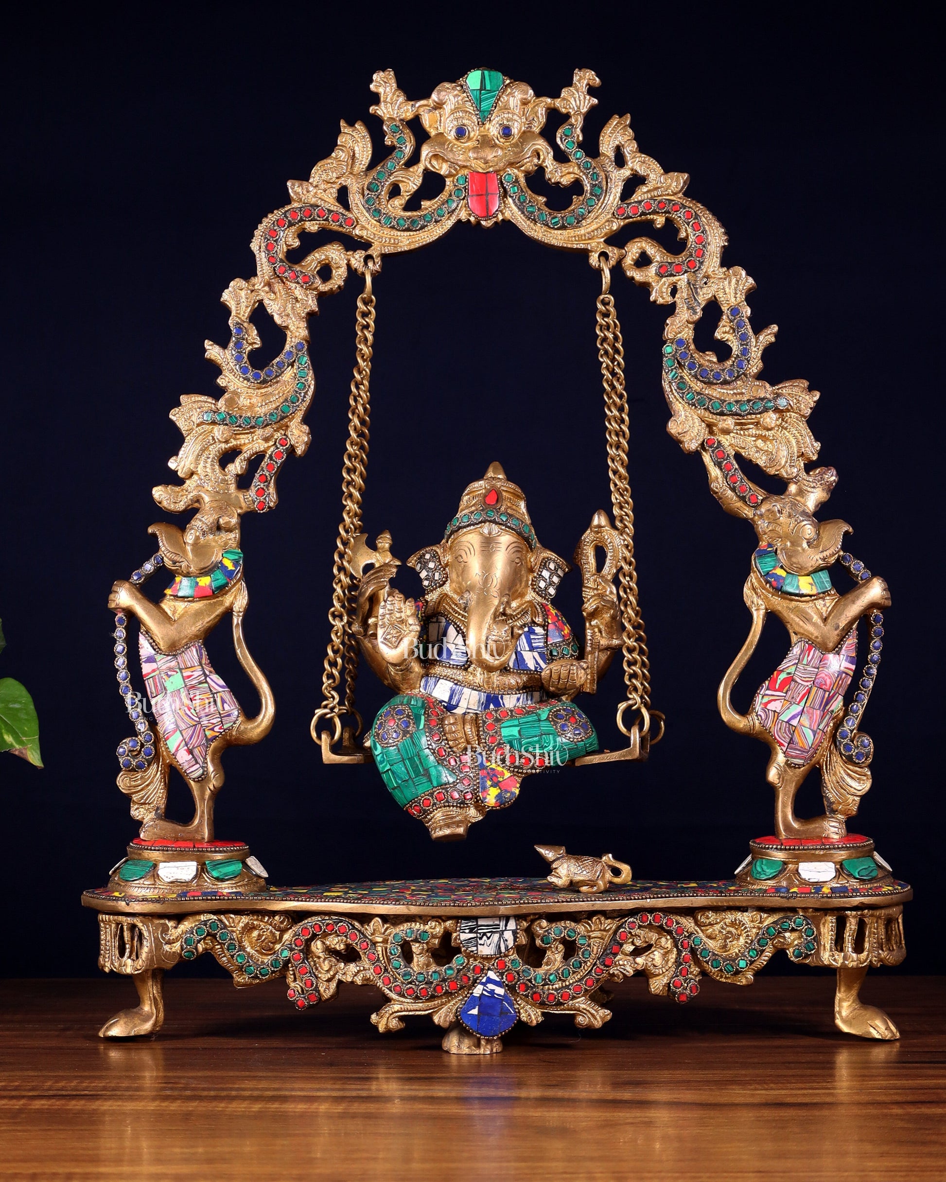 Elegant Brass Lord Ganesha Swing with Multicolor Stonework - 18 Inches - Sama Homes Idol - Brass Sculpture - Eco-friendly - Sama Homes
