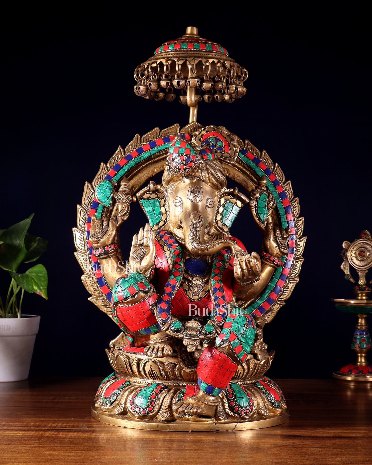 Brass Lord Ganesha Statue Seated on a Throne - 18 inch | 100% Certified Copper & Brass - Sama Homes Idol - Brass Sculpture