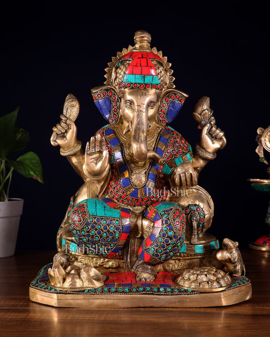 Ganesha brass statue with stonework  13" - Sama Homes Idol - Brass Sculpture
