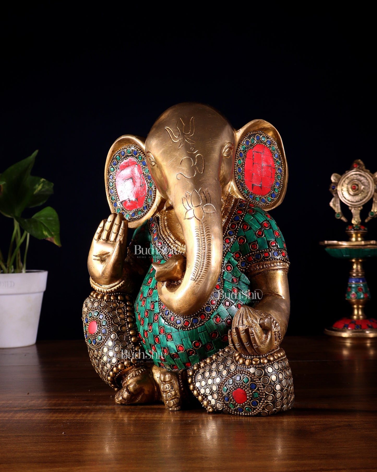 Pure Brass Modern Ganesha Idol with Abstract Design and Stonework 9.5" - Sama Homes Idol - Brass Sculpture