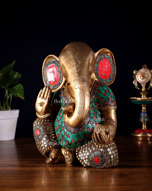 Pure Brass Modern Ganesha Idol with Abstract Design and Stonework 9.5" - Sama Homes Idol - Brass Sculpture