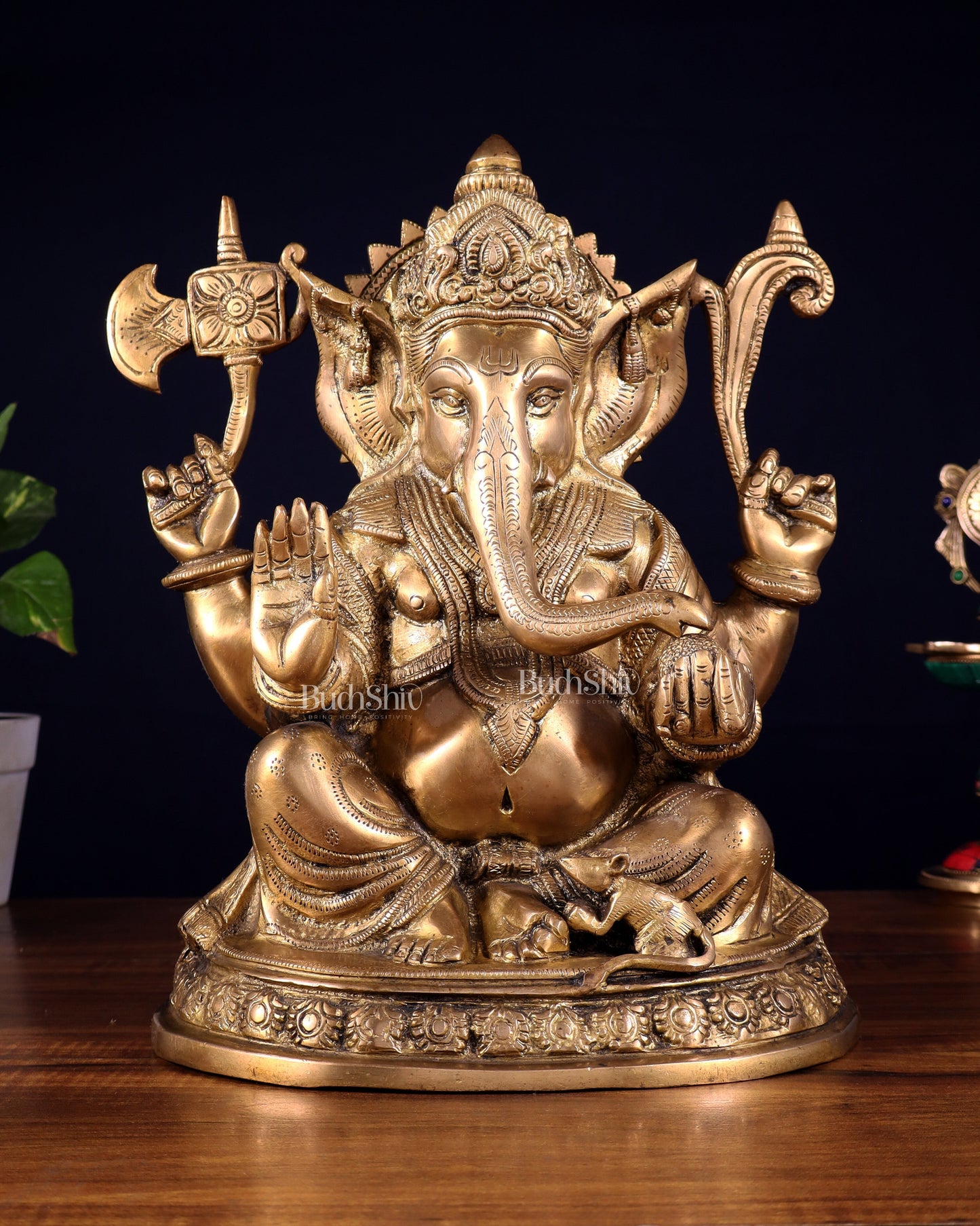 Brass Ganesha Statue - 12" matte finish | 100% Certified Copper & Brass - Sama Homes Idol - Brass Sculpture