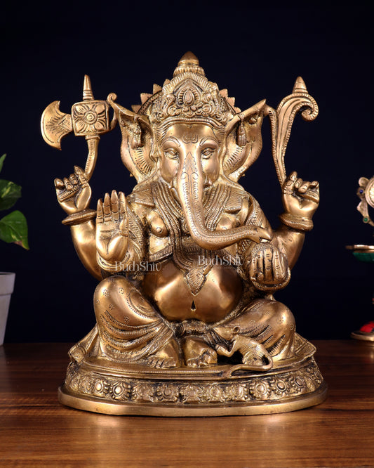 Brass Ganesha Statue - 12" matte finish | 100% Certified Copper & Brass - Sama Homes Idol - Brass Sculpture
