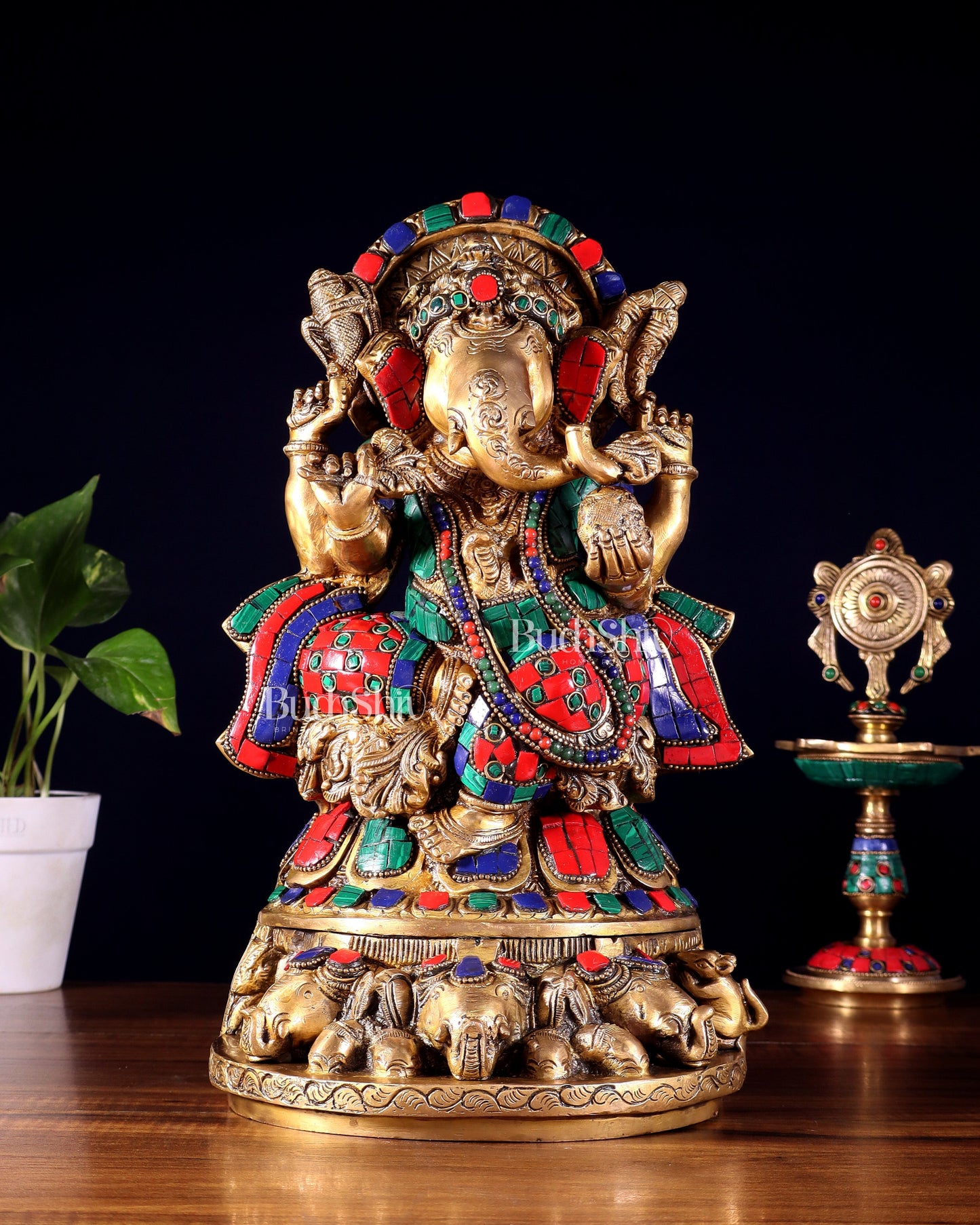 Brass Lord Ganesha Statue Seated on Elephant Throne - 12 Inch | 100% Certified Copper & Brass - Sama Homes Idol - Brass Sculpture