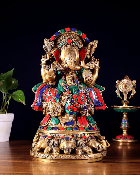 Brass Lord Ganesha Statue Seated on Elephant Throne - 12 Inch | 100% Certified Copper & Brass - Sama Homes Idol - Brass Sculpture