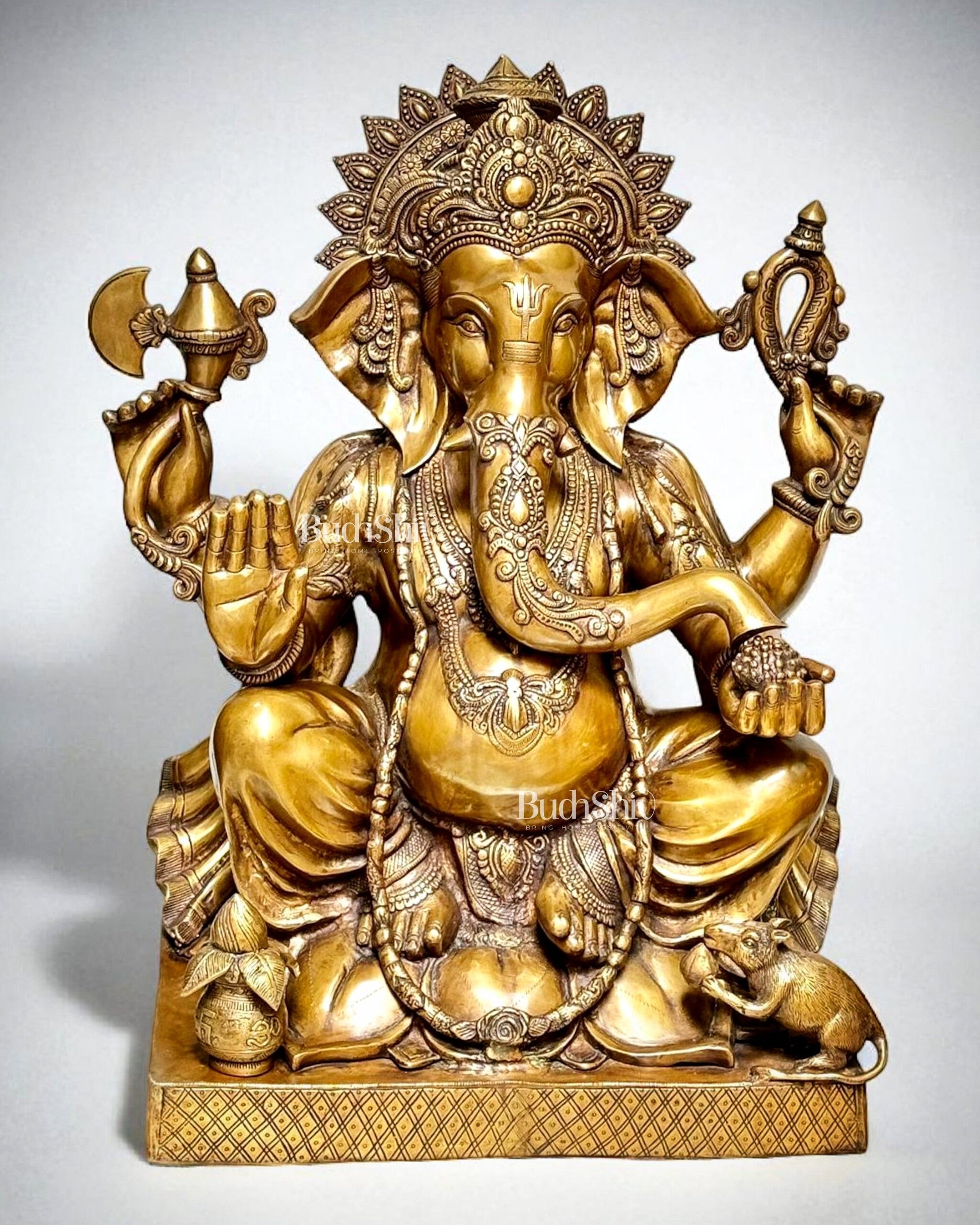Pure Brass Large Ganesha Statue Sitting on Lotus with Sturdy Square Base 31 inch - Sama Homes Idol - Brass Sculpture - Eco-friendly - Sama Homes