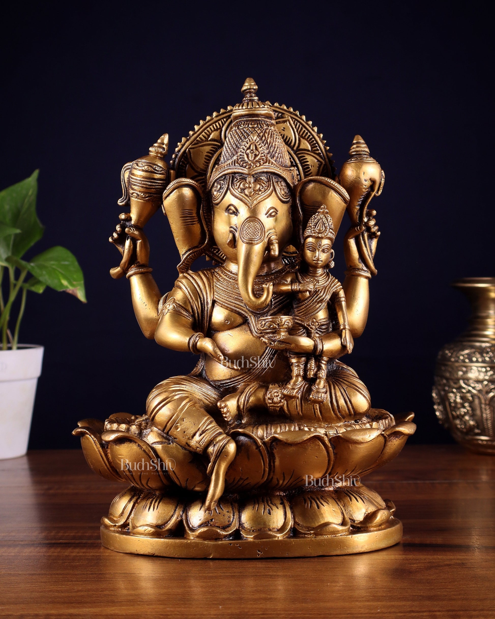 Pure Brass uchishta Shakti Ganesha Idol – 10.5" Handcrafted - Sama Homes Idol - Brass Sculpture - Eco-friendly - Sama Homes