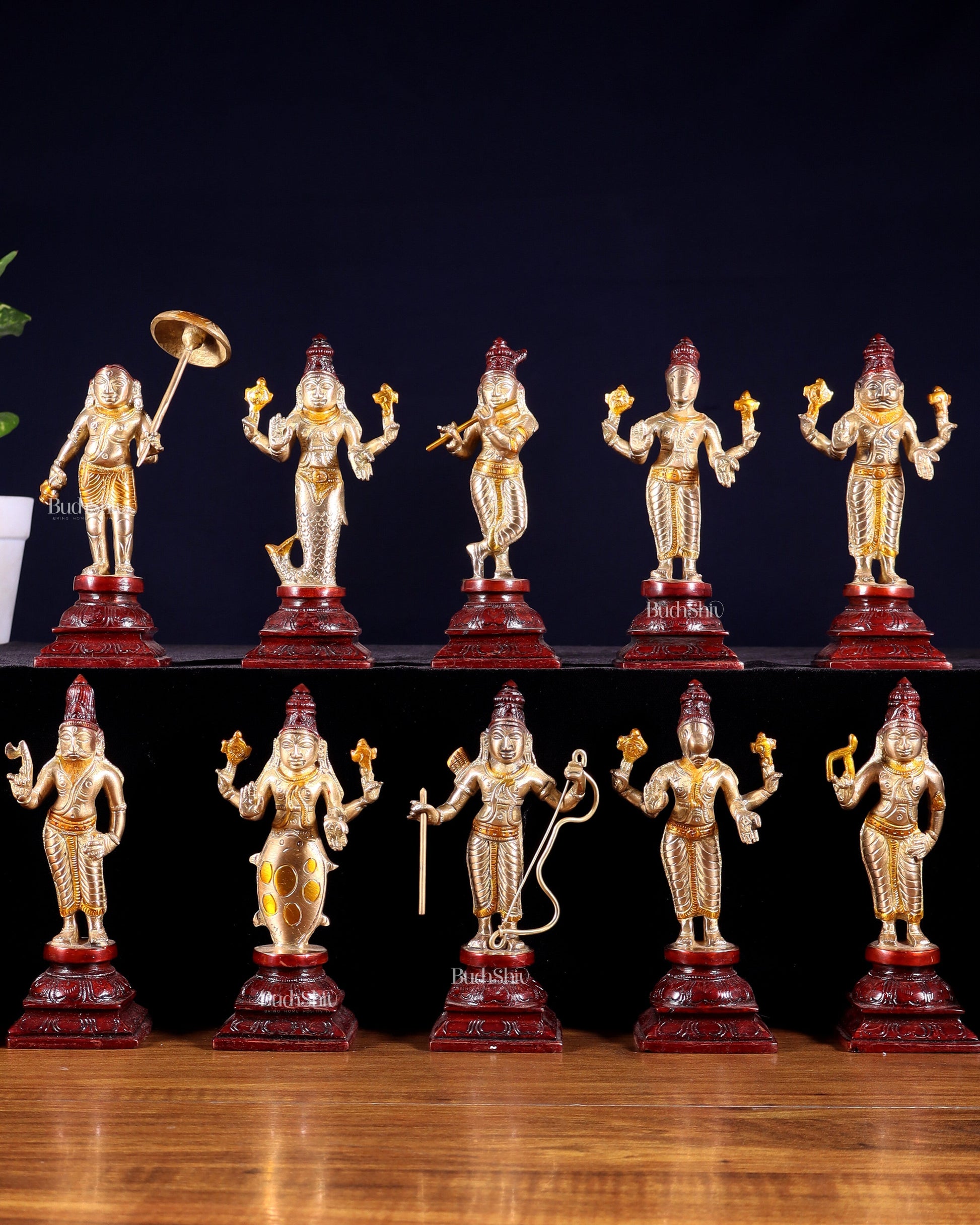 Pure Brass Vishnu Dashavatar Idol Set – Traditional, 6" three tone - Sama Homes Idol - Brass Sculpture - Eco-friendly - Sama Homes