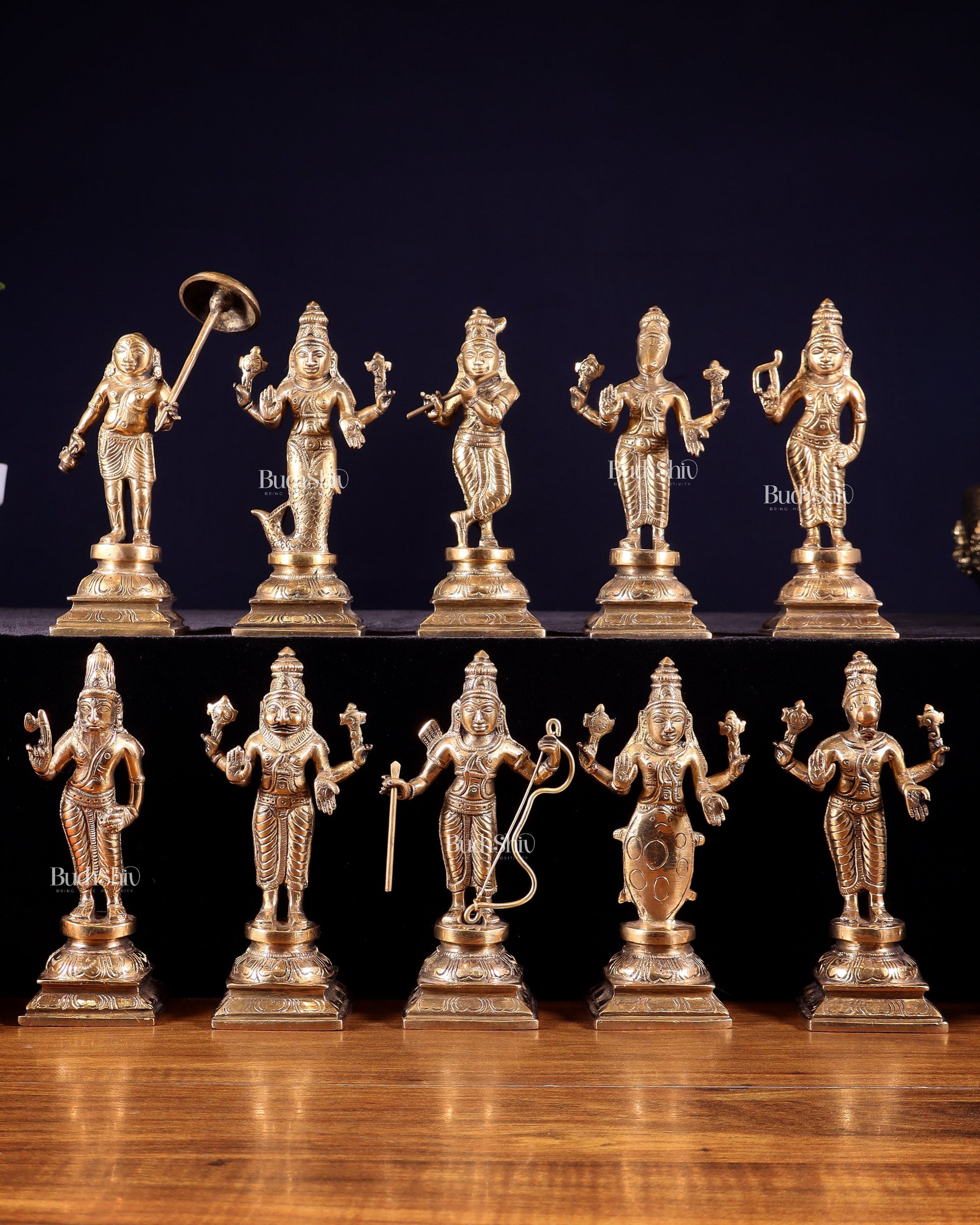 Pure Brass Vishnu Dashavatar Idol Set – Traditional, 6" Matte tone - Sama Homes Idol - Brass Sculpture - Eco-friendly - Sama Homes