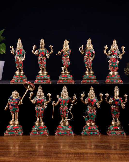 Pure Brass Vishnu Dashavatar Idol Set – Traditional, 6" stonework - Sama Homes Idol - Brass Sculpture