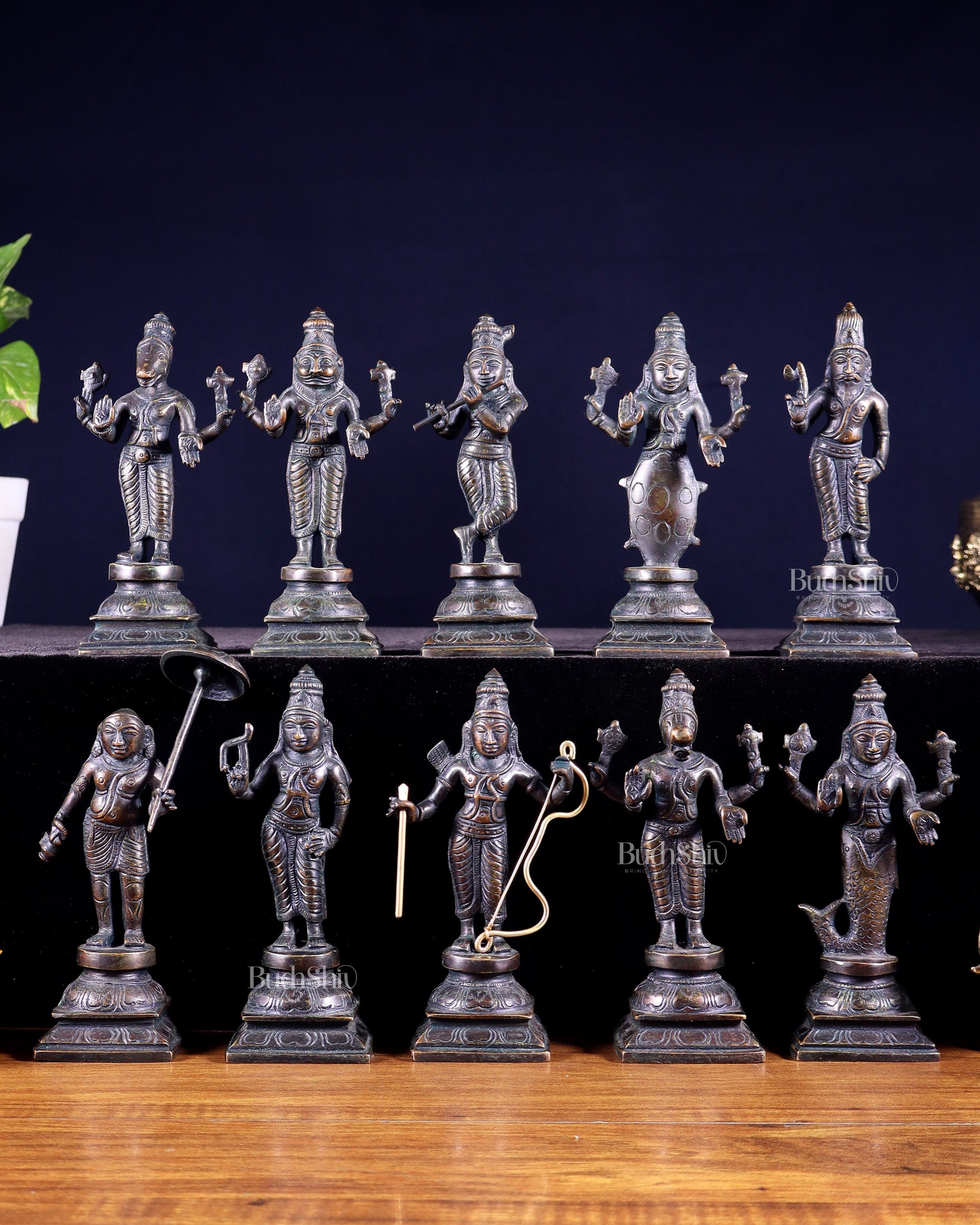 Pure Brass Vishnu Dashavatar Idol Set – Traditional, 6" vintage bronze tone - Sama Homes Idol - Brass Sculpture - Eco-friendly - Sama Homes