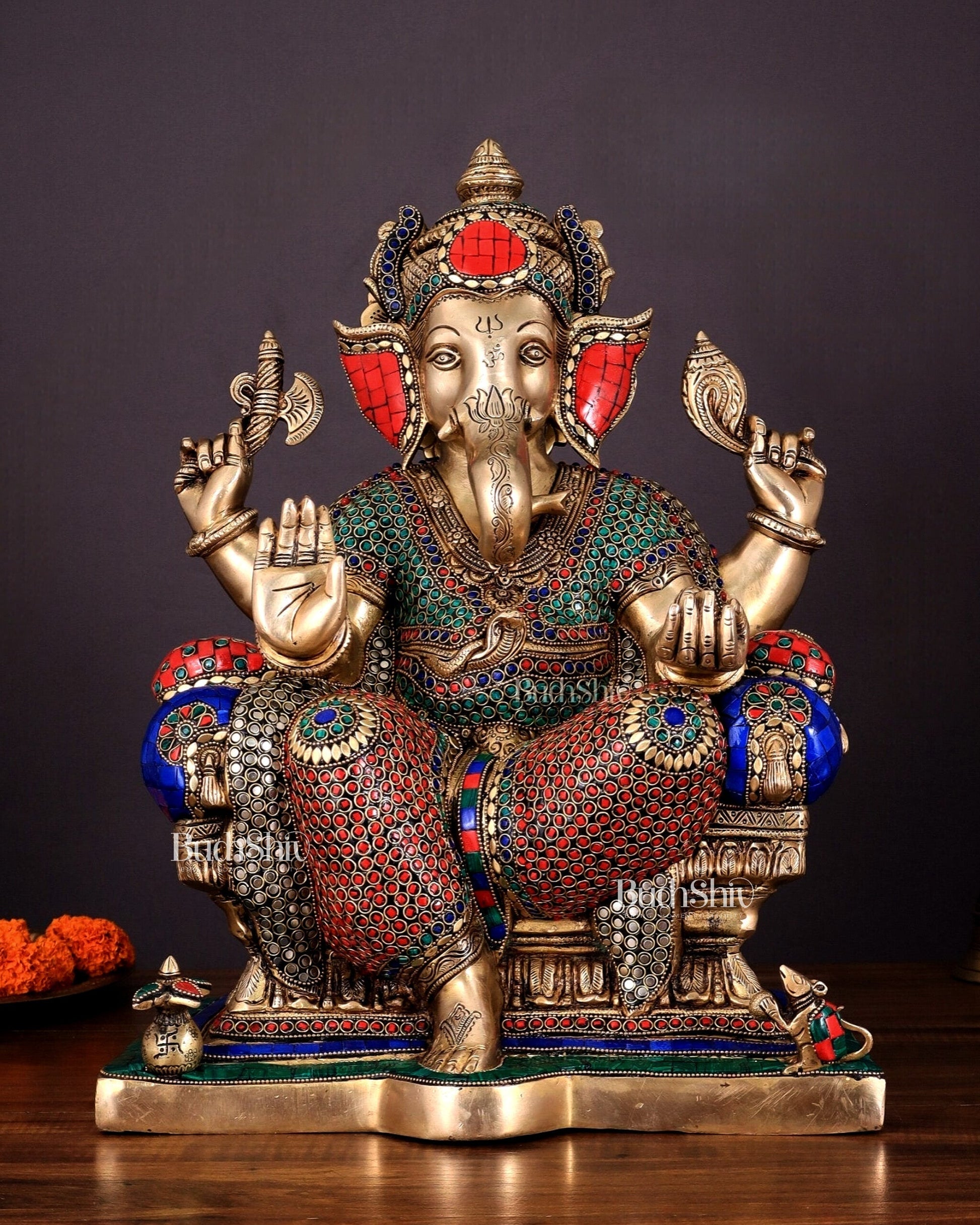 Ganesha Pure Brass statue with stonework - 18" - Sama Homes Idol - Brass Sculpture - Eco-friendly - Sama Homes
