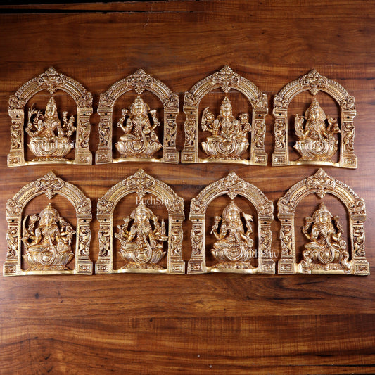 Pure Brass Ashtalakshmi Wall Hanging Set with Prabhavali for wall hangings – 9" Height - Sama Homes Idol - Brass Sculpture