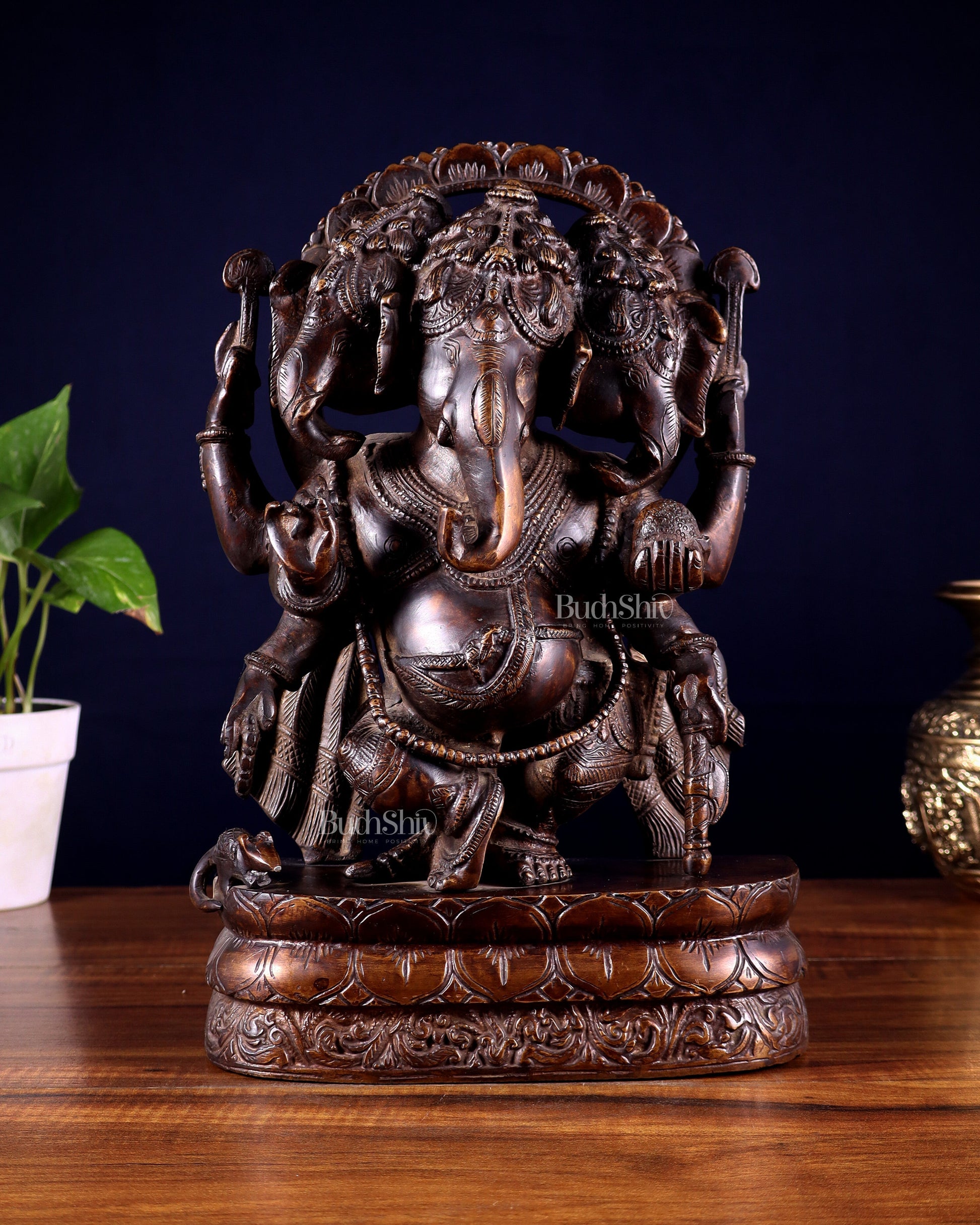 Vintage Brass Trimukha dancing Ganapati Sculpture | Three-Faced Lord Ganesha | 12" - Sama Homes Idol - Brass Sculpture - Eco-friendly - Sama Homes