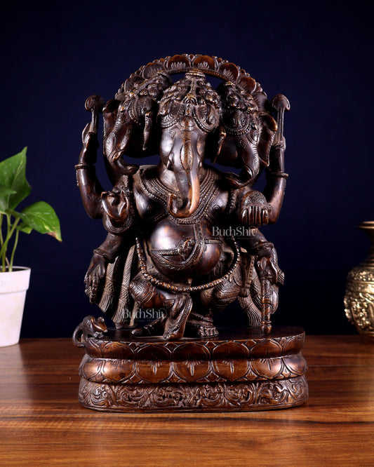 Vintage Brass Trimukha dancing Ganapati Sculpture | Three-Faced Lord Ganesha | 12" - Sama Homes Idol - Brass Sculpture