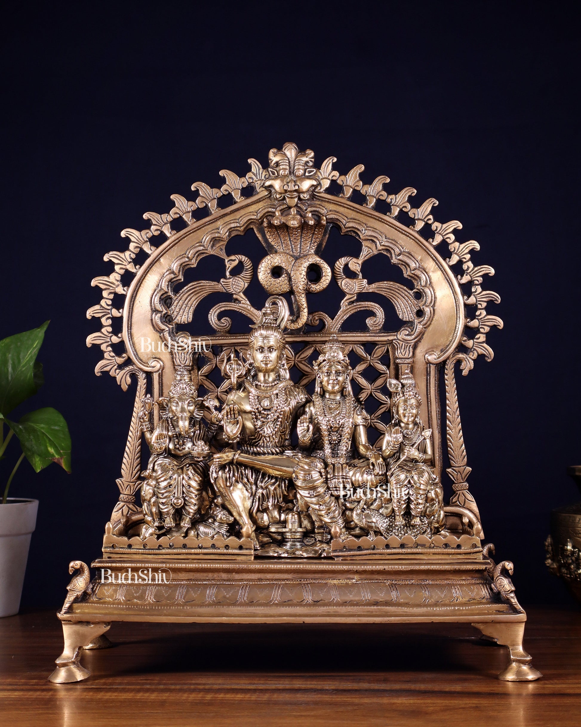 Brass Shiva Parivar with Kirtimukha Singhasan & Prabhavali – Combo Set 13.5 inch | 100% Certified Copper & Brass - Sama Homes Idol - Brass Sculpture - Eco-friendly - Sama Homes