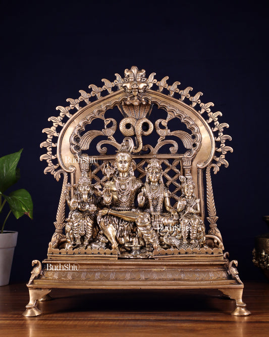 Brass Shiva Parivar with Kirtimukha Singhasan & Prabhavali – Combo Set 13.5 inch | 100% Certified Copper & Brass - Sama Homes Idol - Brass Sculpture