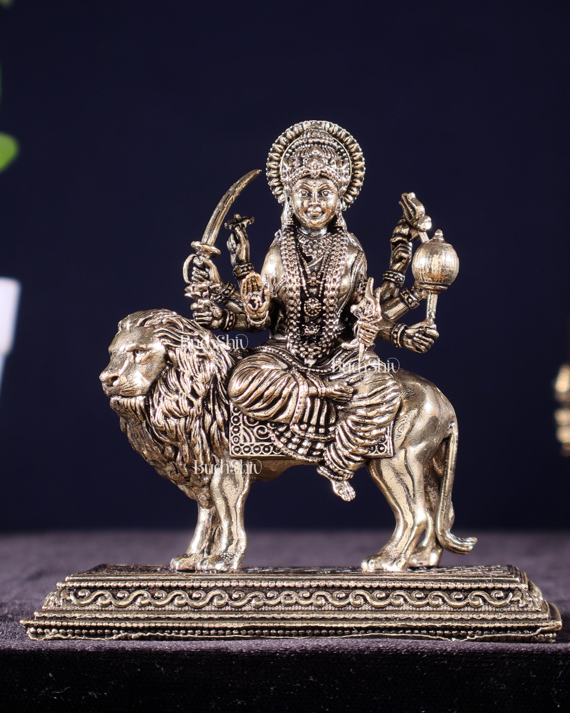 Brass Superfine Goddess Durga on Lion Idol – 5" Height, Intricate Work - Sama Homes Idol - Brass Sculpture - Eco-friendly - Sama Homes