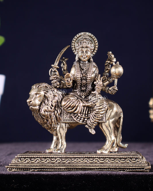Brass Superfine Goddess Durga on Lion Idol – 5" Height, Intricate Work - Sama Homes Idol - Brass Sculpture