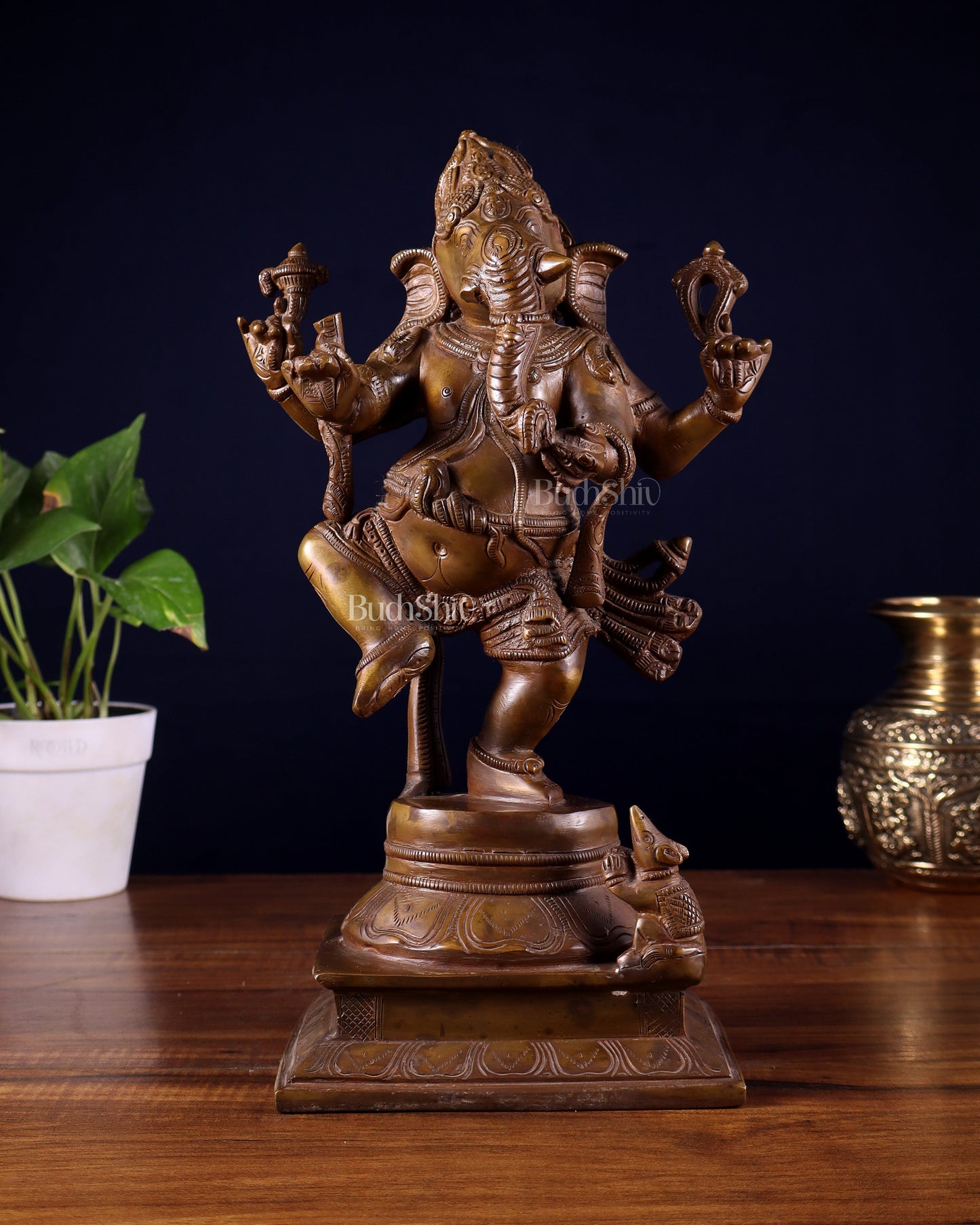 Pure Brass Dancing Ganesha Statue Chola bronze tone 13 inch - Sama Homes Idol - Brass Sculpture