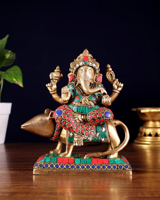 Brass Lord Ganesha Sitting on mooshak Idol | Height 7 inch | 100% Certified Copper & Brass - Sama Homes Idol - Brass Sculpture