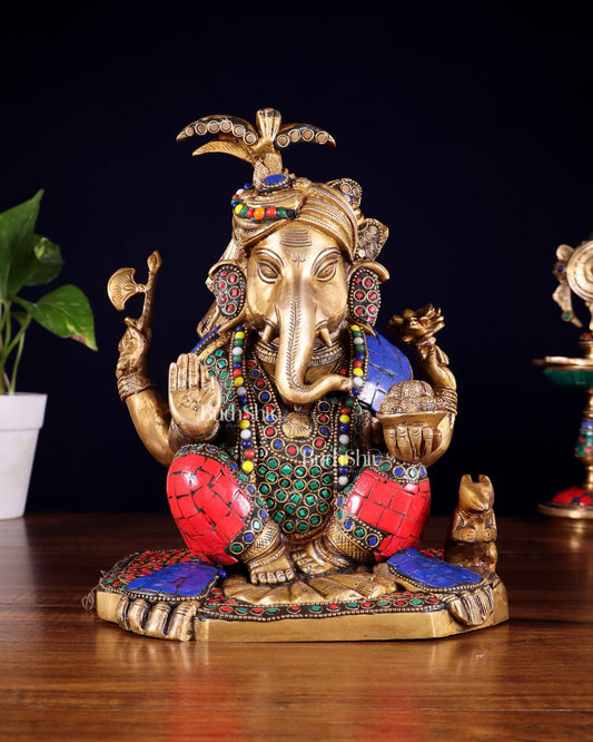 Brass Lord Ganesha Statue with Meenakari Stonework – 9.5" | 100% Certified Copper & Brass - Sama Homes Idol - Brass Sculpture
