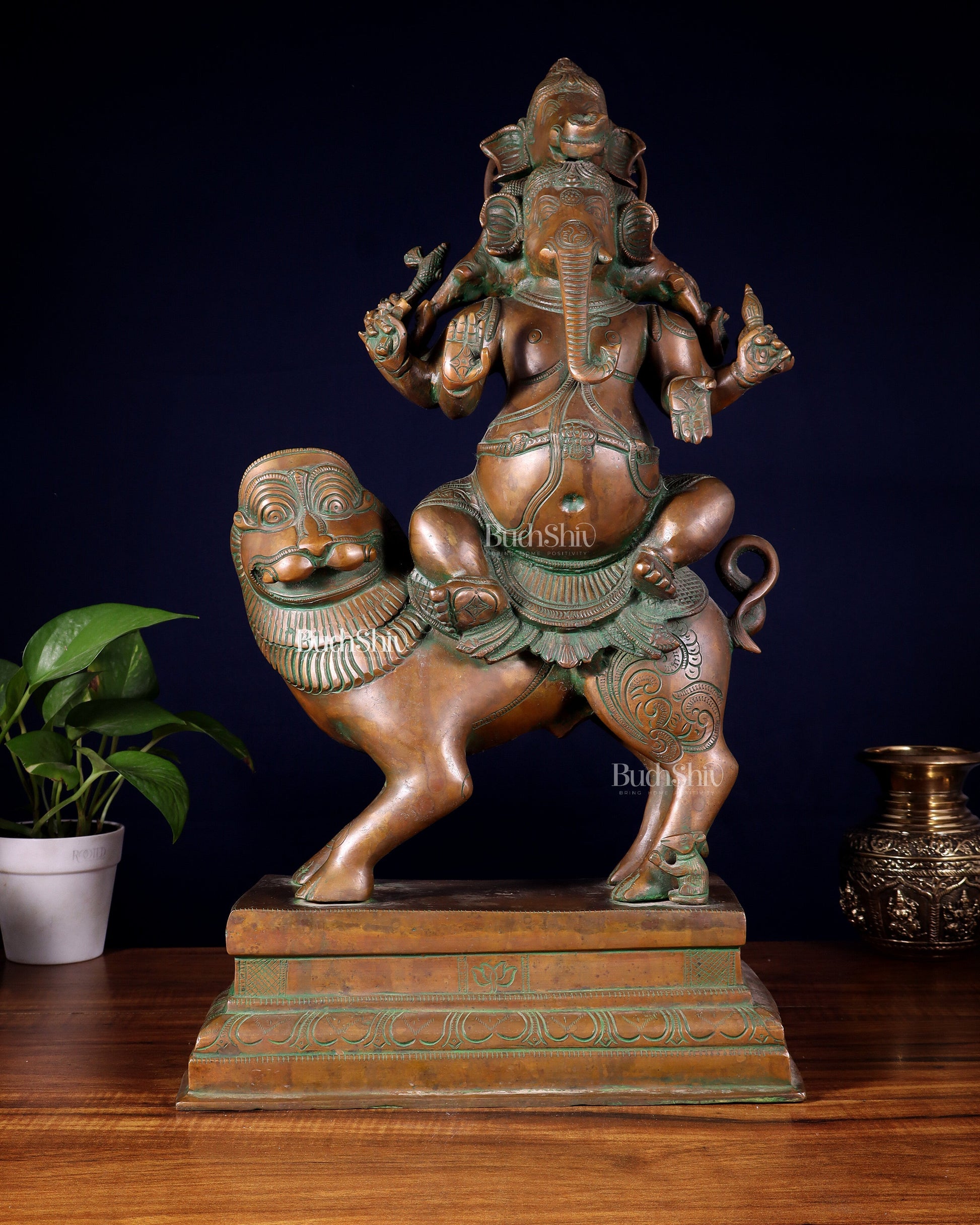 Brass Heramba Ganesha with five heads Statue - 22.5" Bronze Patina | 100% Certified Copper & Brass - Sama Homes Idol - Brass Sculpture - Eco-friendly - Sama Homes