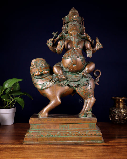 Brass Heramba Ganesha with five heads Statue - 22.5" Bronze Patina | 100% Certified Copper & Brass - Sama Homes Idol - Brass Sculpture