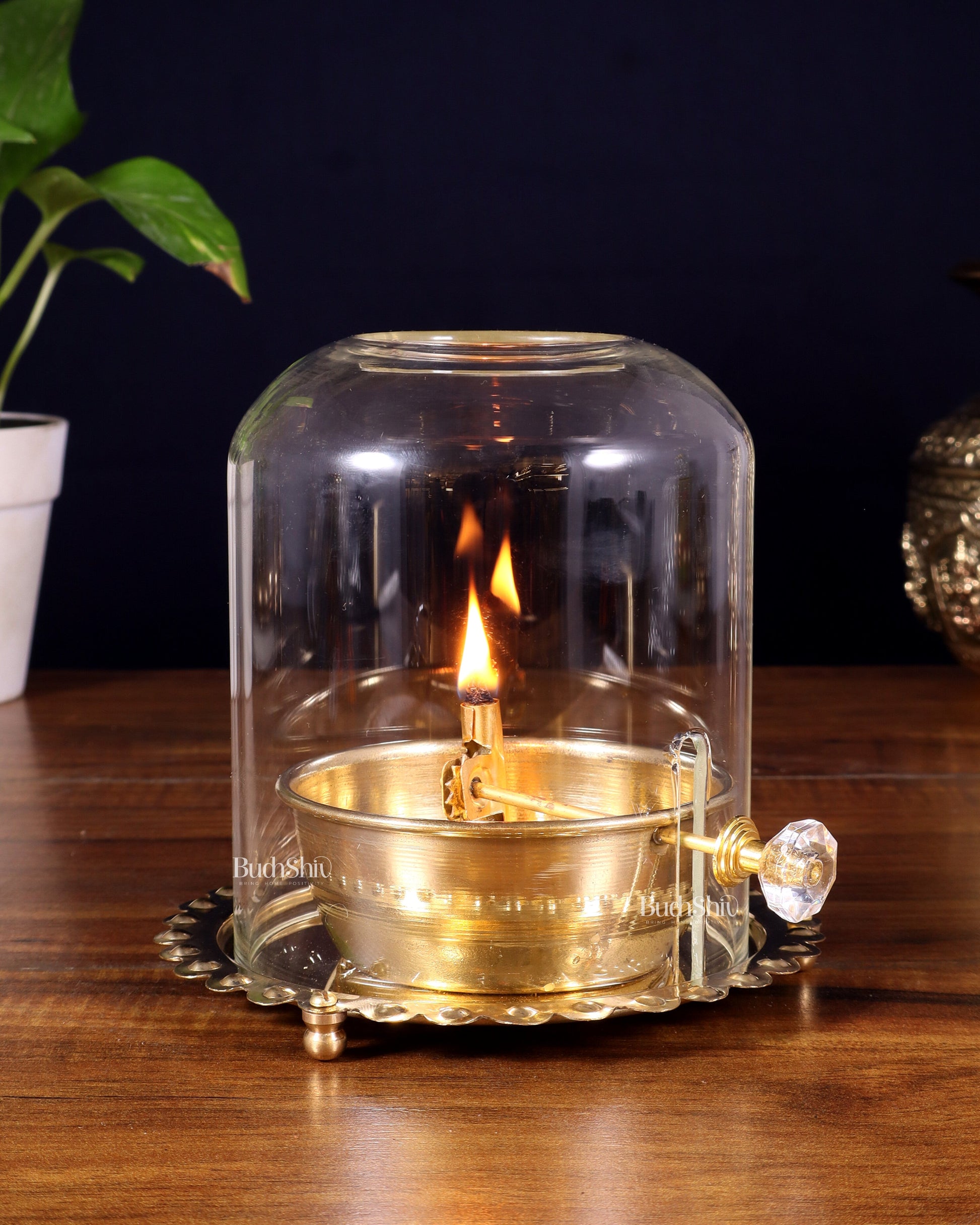 Pure Brass Akhand Diya with Glass Cover & Adjustable Baati – Sama Homes - Eco-friendly - Sama Homes