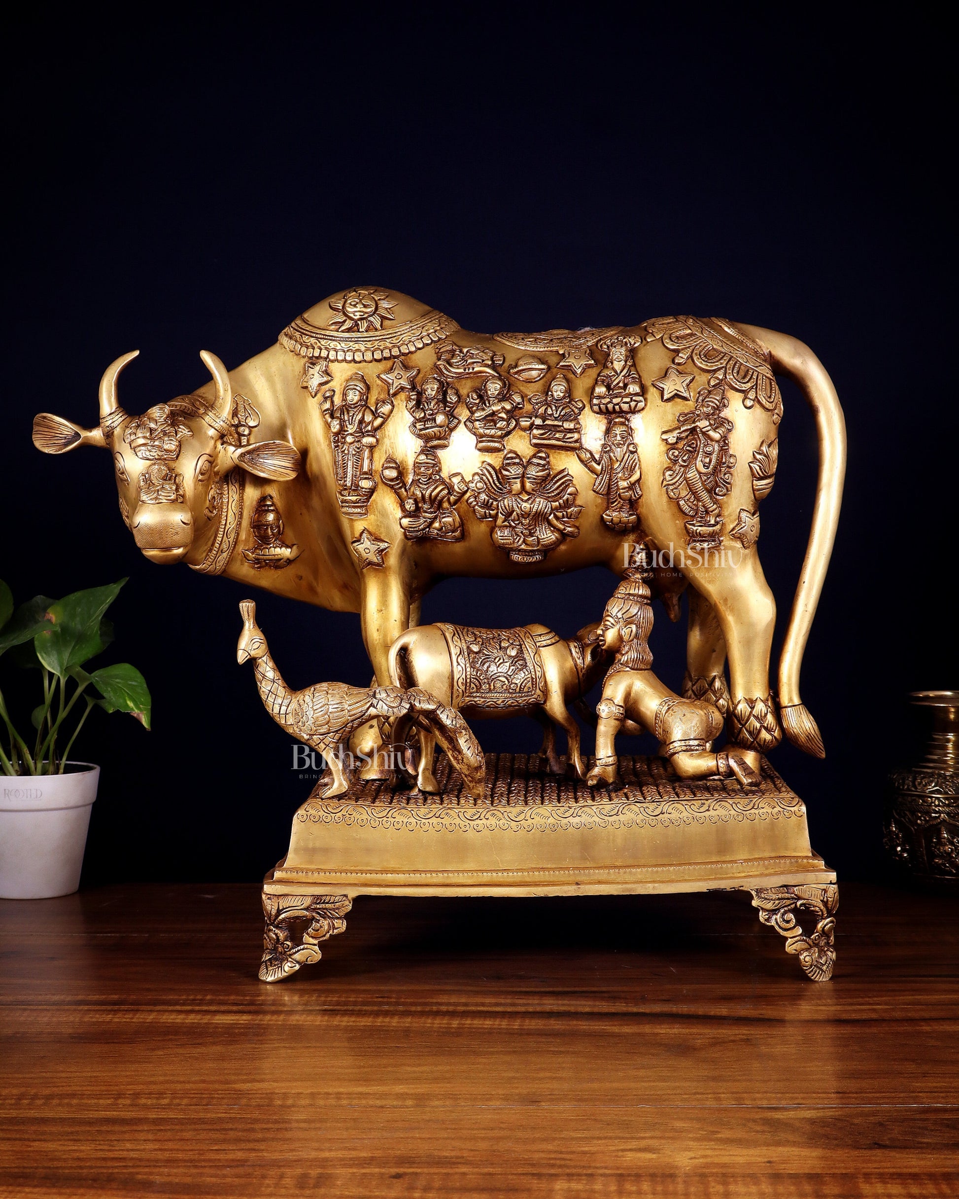 Brass Kamdhenu cow with calf idol large 20 inch - Eco-friendly - Sama Homes
