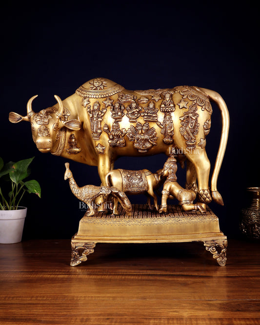 Brass Kamdhenu cow with calf idol large 20 inch