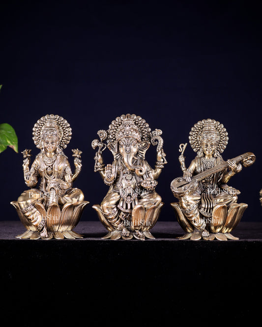 Pure Brass Superfine Ganesha Lakshmi Saraswati Idol Set – Available in 4, 6 & 8 Inches - Sama Homes Idol - Brass Sculpture