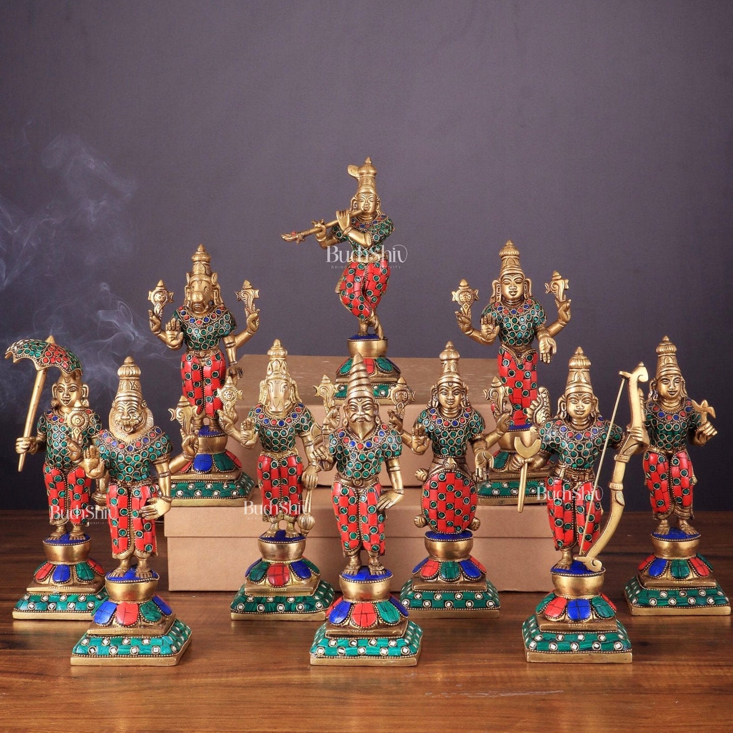 Brass Vishnu Dashavatar idols set 10 inch with Stonework - Sama Homes Idol - Brass Sculpture