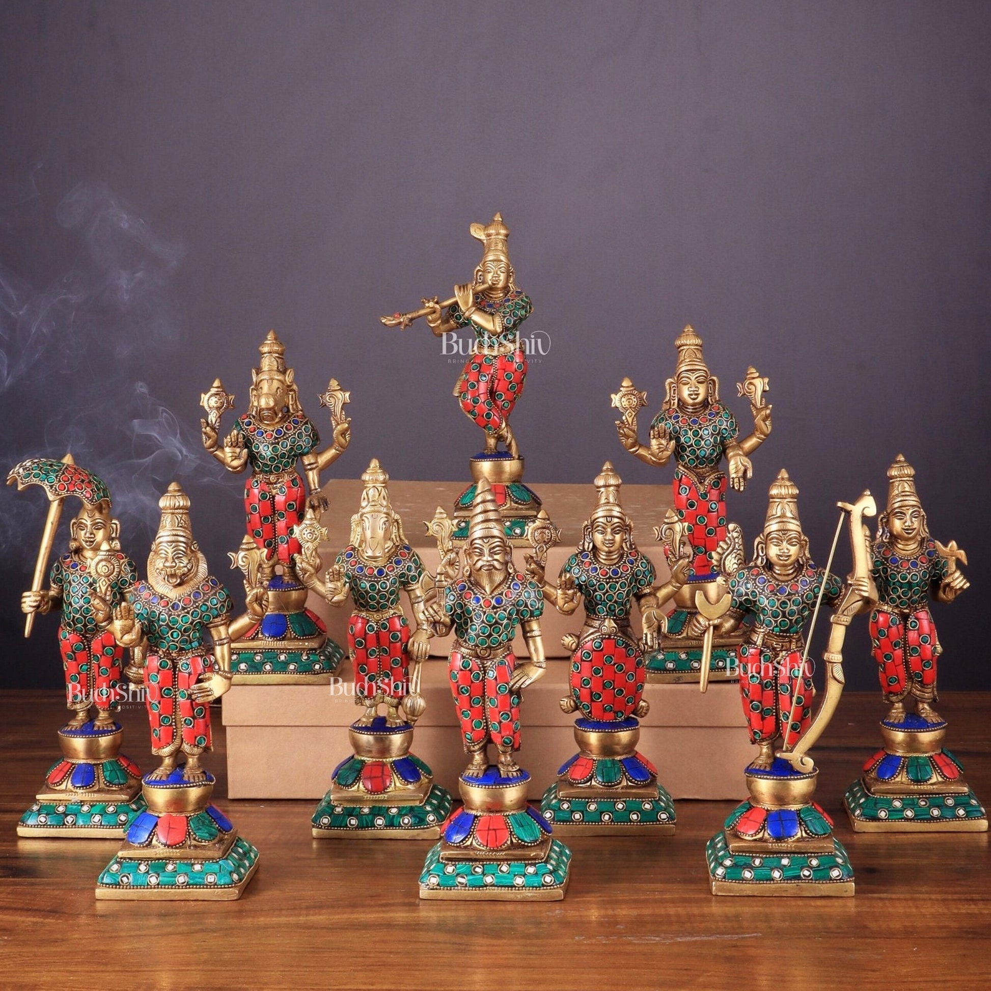 Brass Vishnu Dashavatar idols set 10 inch with Stonework - Sama Homes Idol - Brass Sculpture - Eco-friendly - Sama Homes