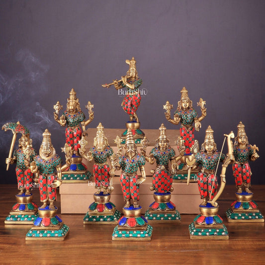 Brass Vishnu Dashavatar idols set 10 inch with Stonework - Sama Homes Idol - Brass Sculpture