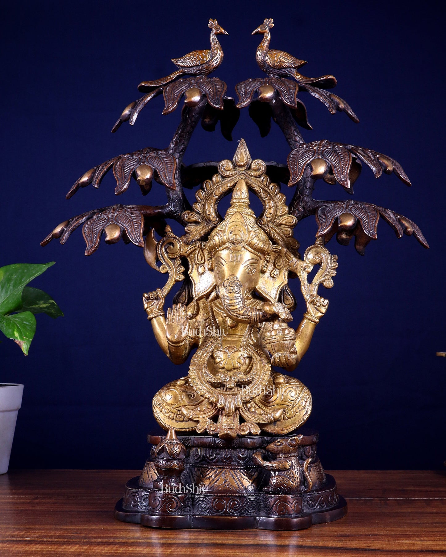 Superfine Brass Ganesha Statue Under Mango Tree | Height 17 inch - Sama Homes Idol - Brass Sculpture