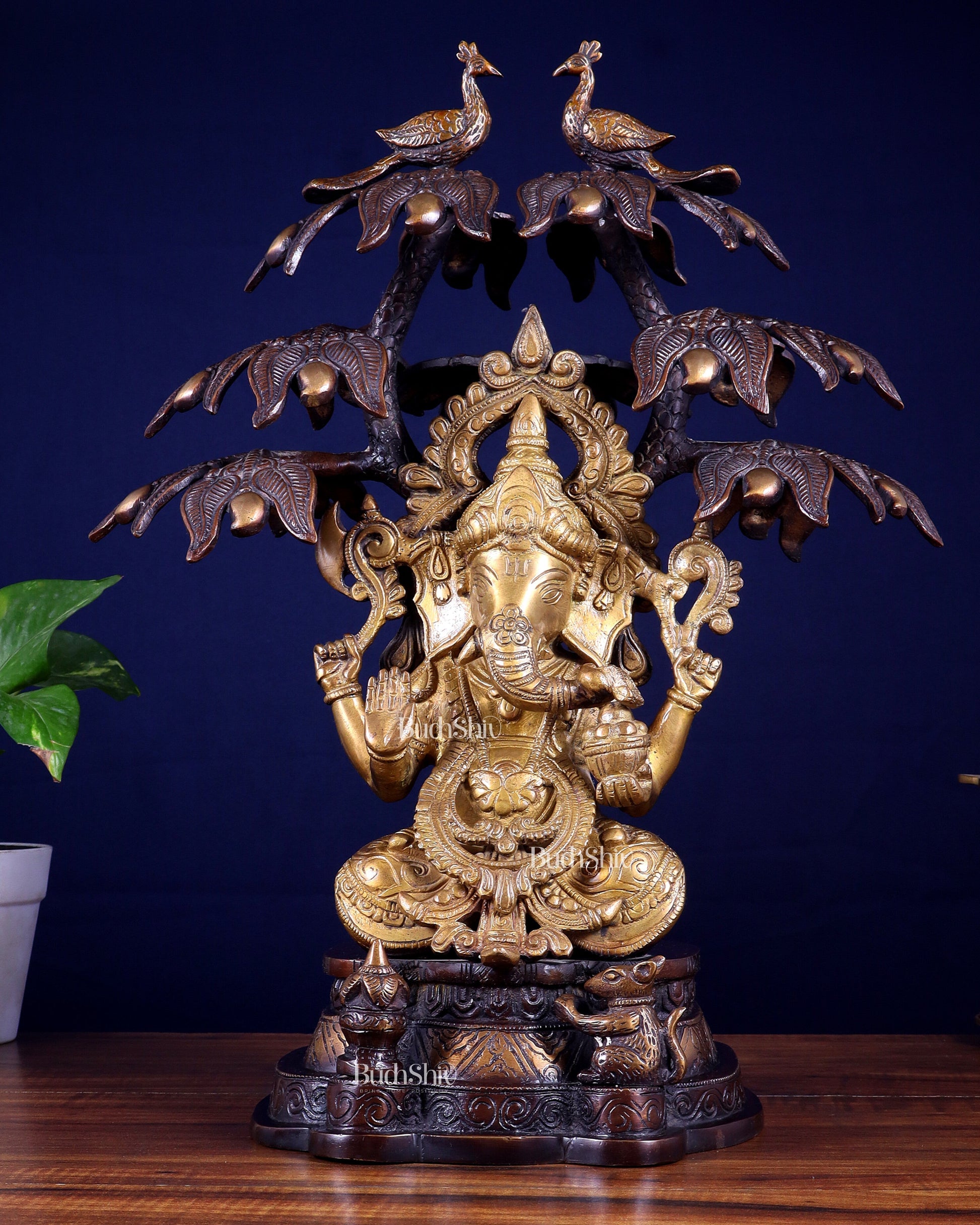 Superfine Brass Ganesha Statue Under Mango Tree | Height 17 inch - Sama Homes Idol - Brass Sculpture - Eco-friendly - Sama Homes