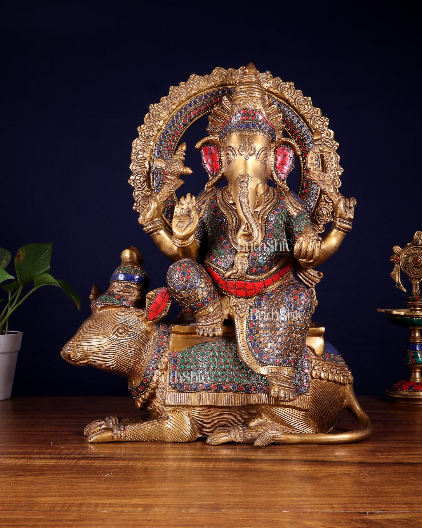 Pure Brass Ganesha sitting on mooshak idol - 16 inch - Sama Homes Idol - Brass Sculpture
