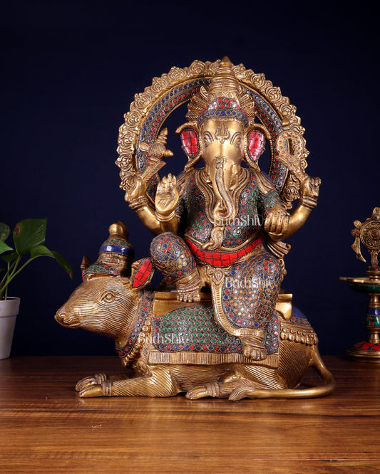 Pure Brass Ganesha sitting on mooshak idol - 16 inch - Sama Homes Idol - Brass Sculpture